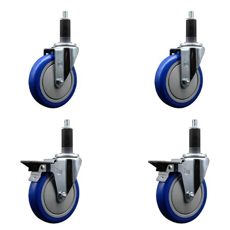 Service Caster 5'' Blue Poly Wheel Swivel 1-1/8'' Expanding Stem Caster Set 2 Brakes, 4PK SCC-EX20S514-PPUB-BLUE-2-PLB-2-118